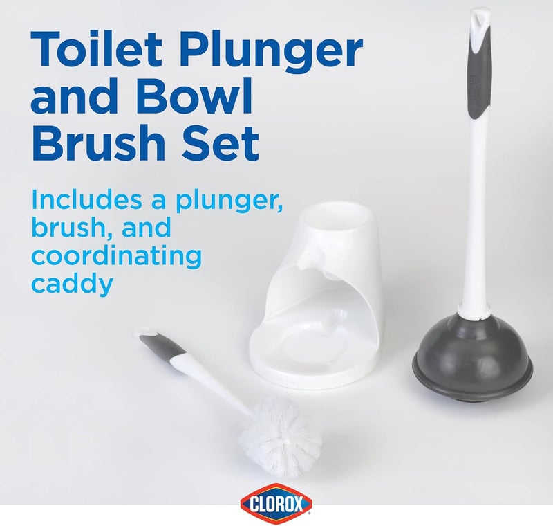 Clorox Toilet Plunger and Bowl Brush Combo with Caddy, 6.75 x 7 x 19.5 in, White/Gray - Image 1