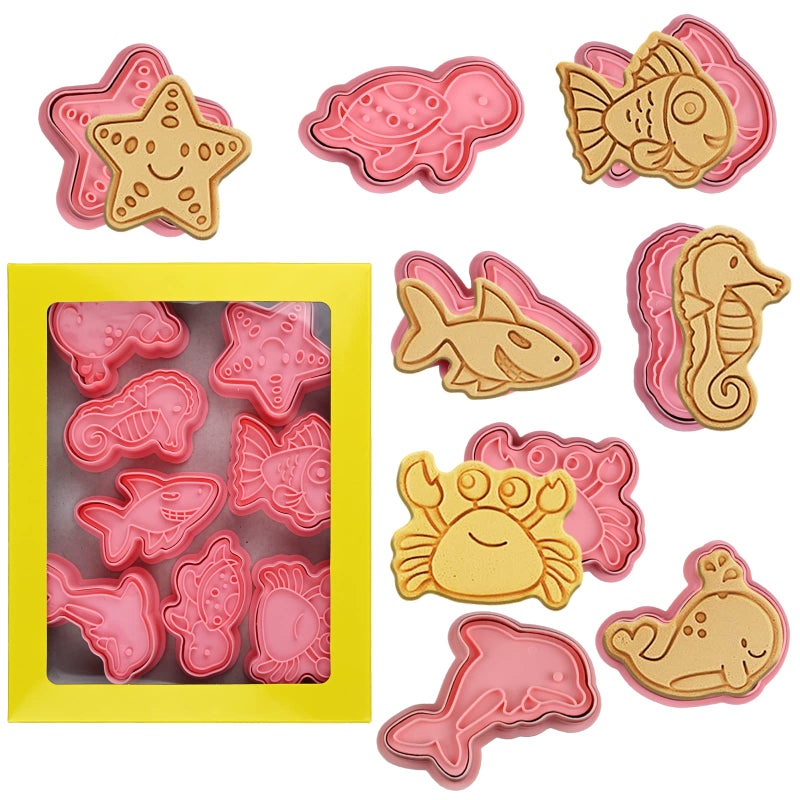 Sakolla Ocean Cookie Cutters With Plunger Stamps Set,8 Piece See Cookie Cutters,Sea Embossing Cutter For Fondant Biscuit Cheese Baking - Image 1