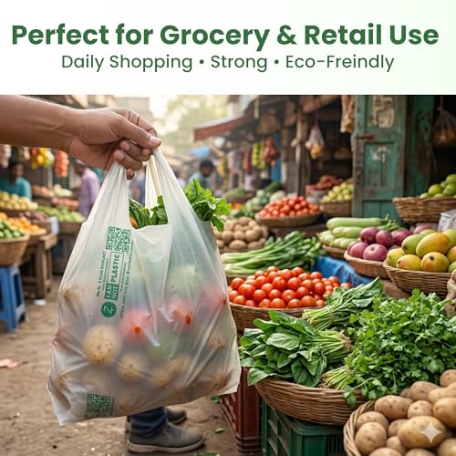 ECOZ Compostable & Biodegradable Carry Bags | Eco-Friendly Plastic-Free Shopping Bag for Grocery, Food, Retail & Vegetables | 8x10 Inch | Approx Pack of 200 | Load 1kg Capacity | for Supermarket - Image 4