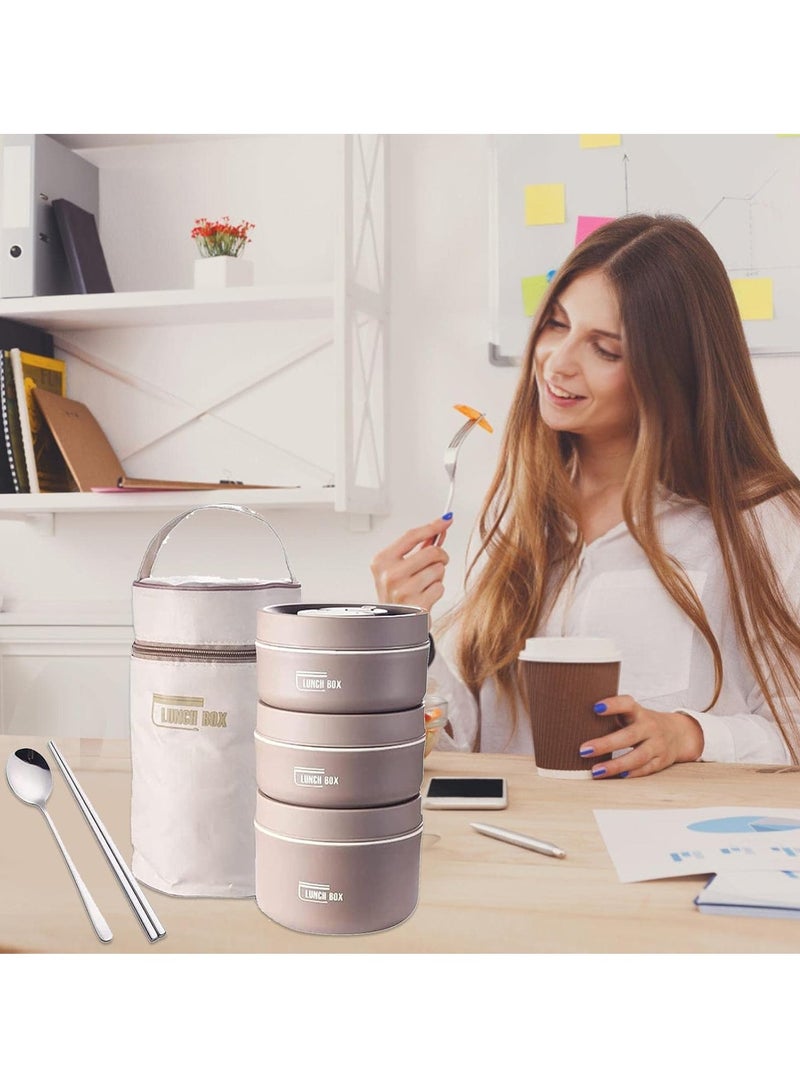 غطاء صندوق الغداء لانش بوكس حراري من الفولاذ المقاوم للصدأ صندوق غداء مانع للتسرب، طقم علب حفظ طعام معزول محمولة داخل حقيبة للكبار والأطفال - علبة حفظ طعام قابلة للتكديس- 3 طبقات - Image 3