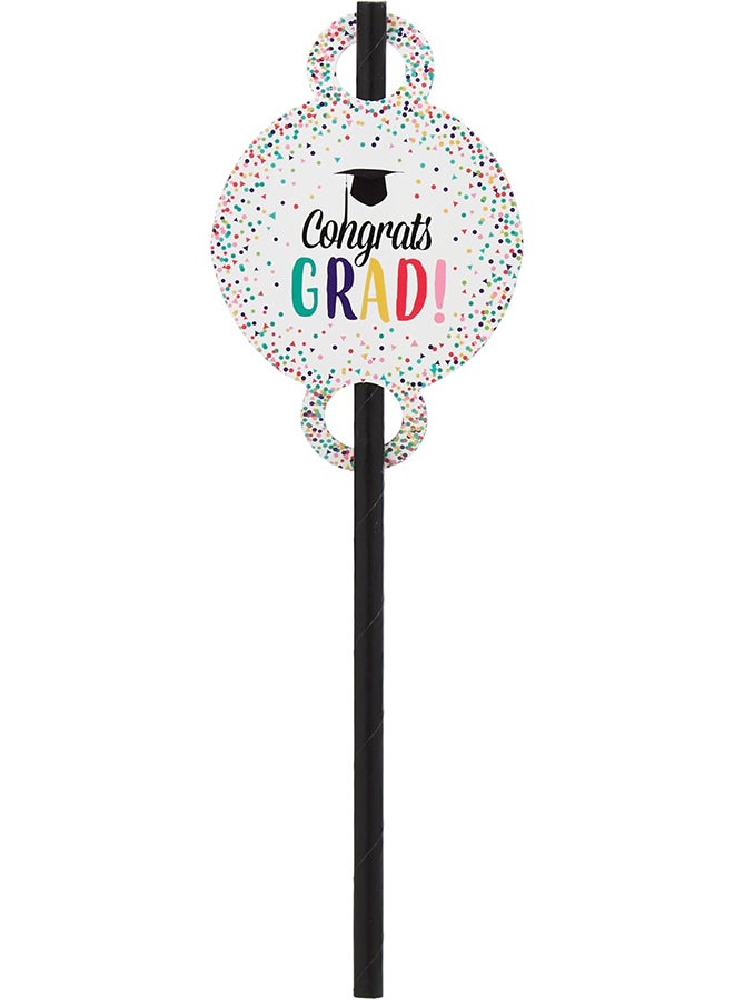 10pc Plastic Reusable Black Color Straws Printed Congrats Grad & Black Hat For Graduation Occasion For All Ages Unisex Use  - Image 3