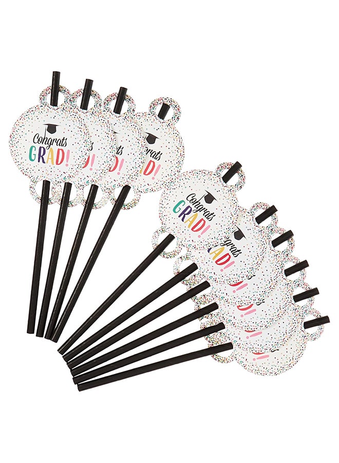 10pc Plastic Reusable Black Color Straws Printed Congrats Grad & Black Hat For Graduation Occasion For All Ages Unisex Use  - Image 1