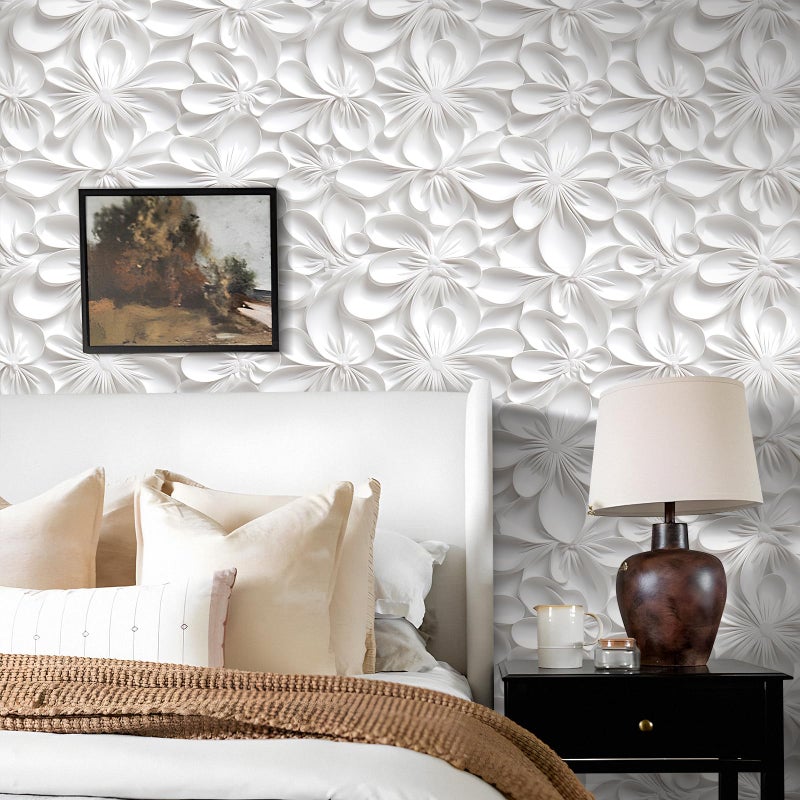 Stickyart 3D White Floral Wallpaper Peel and Stick 3D Flower White Contact Paper Self Adhesive Embossed Pattern Wallpaper Removable Modern Wall Paper for Bedroom Bathroom Walls Cabinets 17.5"x80" - Image 5