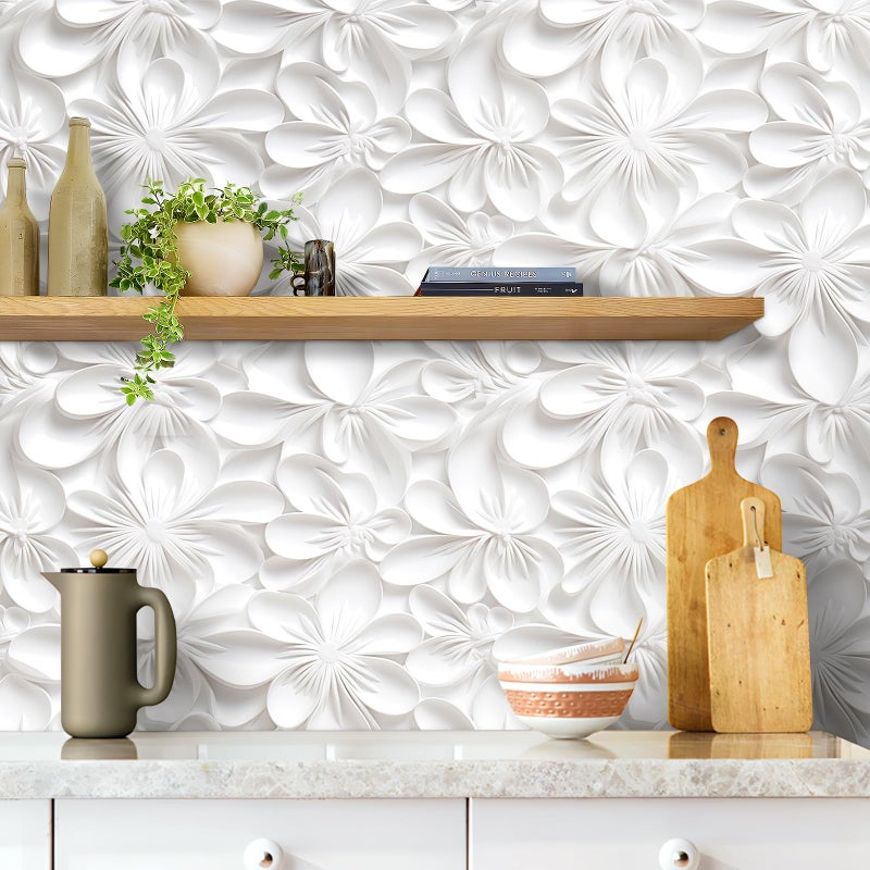 Stickyart 3D White Floral Wallpaper Peel and Stick 3D Flower White Contact Paper Self Adhesive Embossed Pattern Wallpaper Removable Modern Wall Paper for Bedroom Bathroom Walls Cabinets 17.5"x80" - Image 3