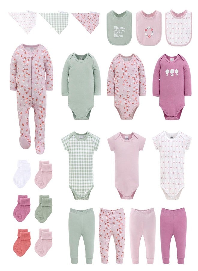 The Peanut Shell The Peanutshell 23-Piece Baby Girl Clothes Set, 100% Cotton, 0-3 Months, Newborn Essentials Must Haves, Flora Pink & Green - Image 1
