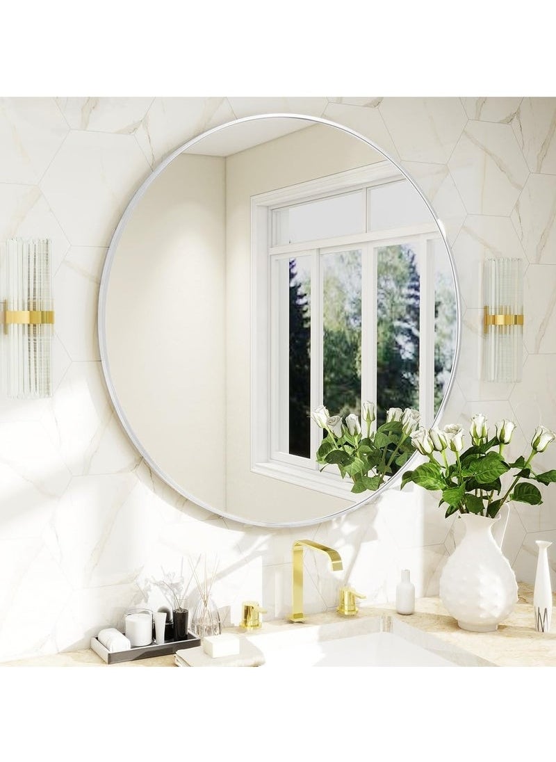 POWER Round Mirror, Silver Metal Frame Wall Mounted Round Mirror, Wall Mirror for Entryway, Bathroom, Dressing Table, Living Room, Silver Round Mirror (Silver)  - Image 2