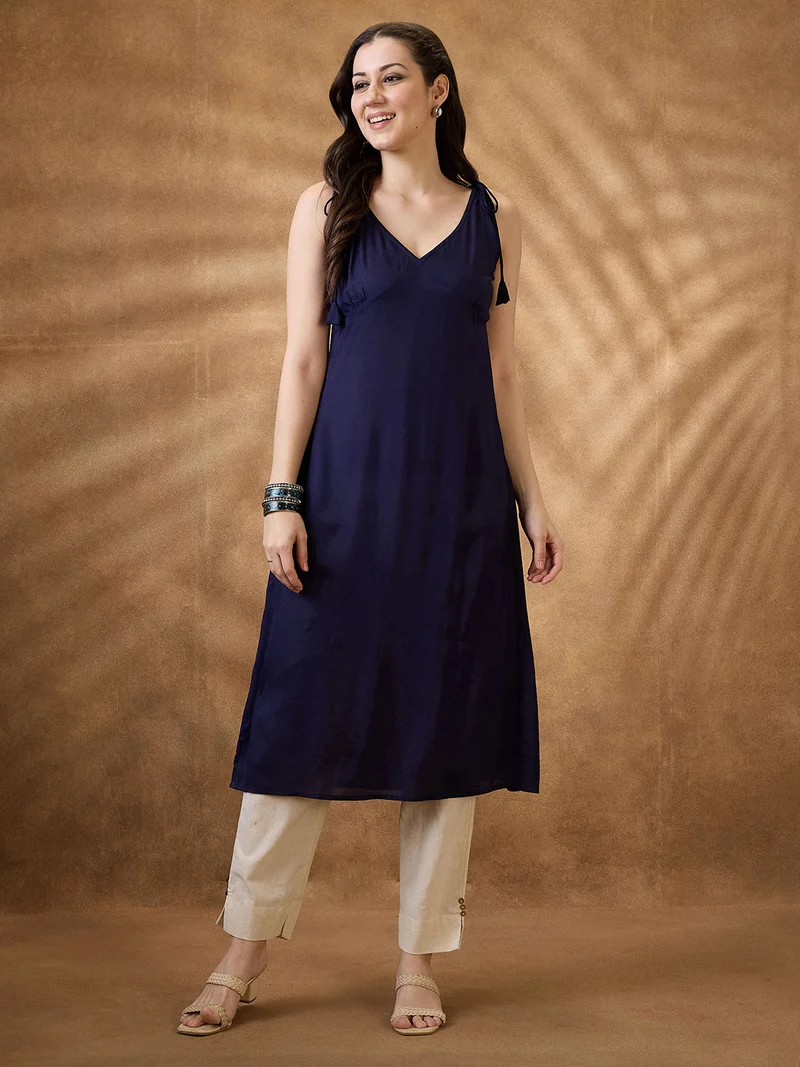 globus Women Blue Woven Design Tie-Up Neck A-Line Fusion Kurta