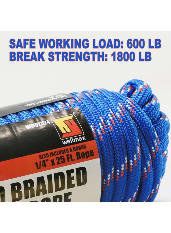 Wellmax Diamond Braid Nylon Rope - Extra Thick All Purpose Braided Utility Flag Line with Shock Absorption - UV Resistant, High Strength & Weather Resistant - 1.3cm X 30m with Bonus 0.6cm x 7.6m Cord - Image 2