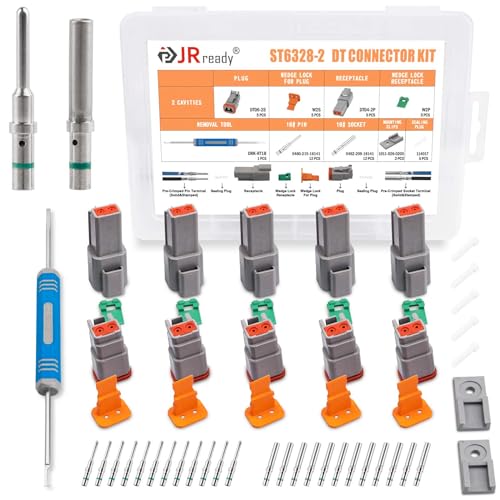 JRready Deutsch Connector 2 Pin Connector Kits with Size 16 Solid Contacts1420AWG ST63282 DT Series Waterproof Connector 2 Pin 5 Sets and Deutsch Pin Removal Tool DRKRT1B with Mounting Clips