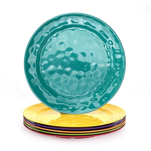 Haimenlite 6-Piece 100% Melamine Dinner/Lunch Plate Set,10inch Round Melamine Salad Plates Picnic Plates for Holiday Home Party,Break-resistant and Lightweight,Hammered Finish,BPA Free (Multi color) - Image 1