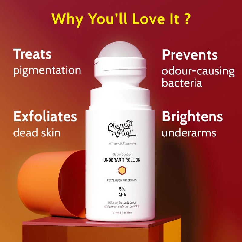 Chemist at Play UnderArm Roll-On with 5% AHA| Lactic & Mandelic Acid|Prevents Odour, Brightens Skin & Exfoliates Underarm| For Sensitive Skin|Royal Oudh Fragrance | Alcohol & Aluminium Free|1.35 fl oz - Image 2