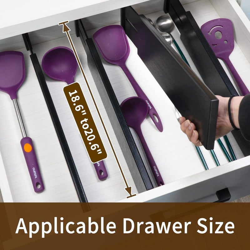 Utoplike 4 Pcs Bamboo Raised Drawer Divider, Adjustable Clothes Drawer Organiser, Large Wooden Spring Loaded Inserts, for Utensils, Cosmetics in Kitchen, Bathroom and Bedroom Drawers, Black - Image 2