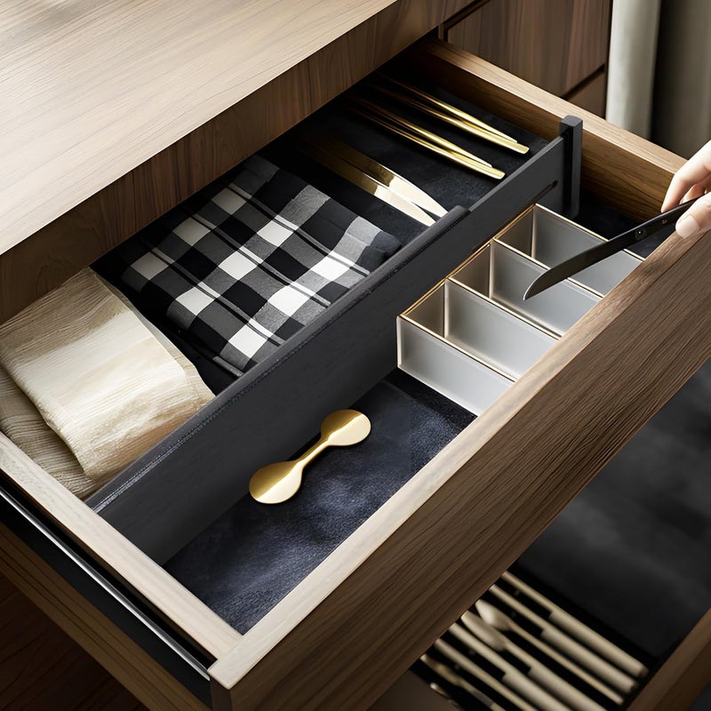 Utoplike 4 Pcs Bamboo Raised Drawer Divider, Adjustable Clothes Drawer Organiser, Large Wooden Spring Loaded Inserts, for Utensils, Cosmetics in Kitchen, Bathroom and Bedroom Drawers, Black - Image 5