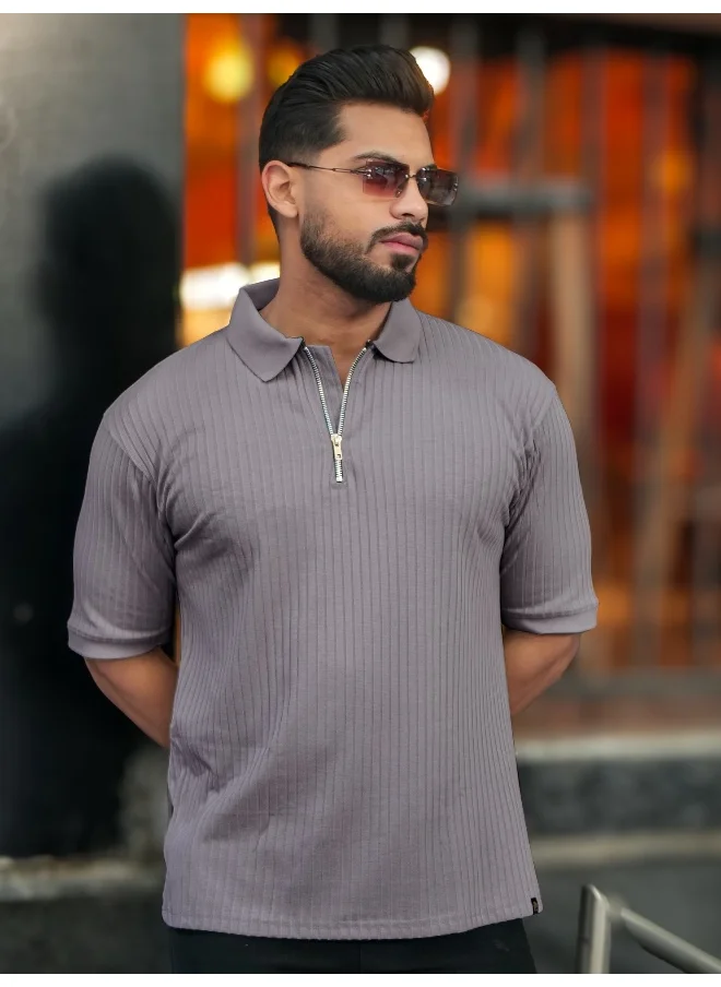مانياك Maniac Men Textured Polo Neck Half Sleeve Half Zipper Light Grey Color Cotton T-Shirt