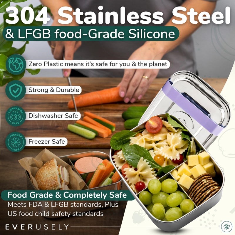Everusely - صندوق بينتو للأطفال - لافندر 6.5 × 4.7 / 27 أونصة - صندوق غداء من الفولاذ المقاوم للصدأ مع حاوية بهارات مانعة للتسرب - صندوق وجبات خفيفة مكون من 3 أقسام لوجبات المكتب المدرسية - آمن للاستخدام في الفريزر وغسالة الأطباق - Image 5