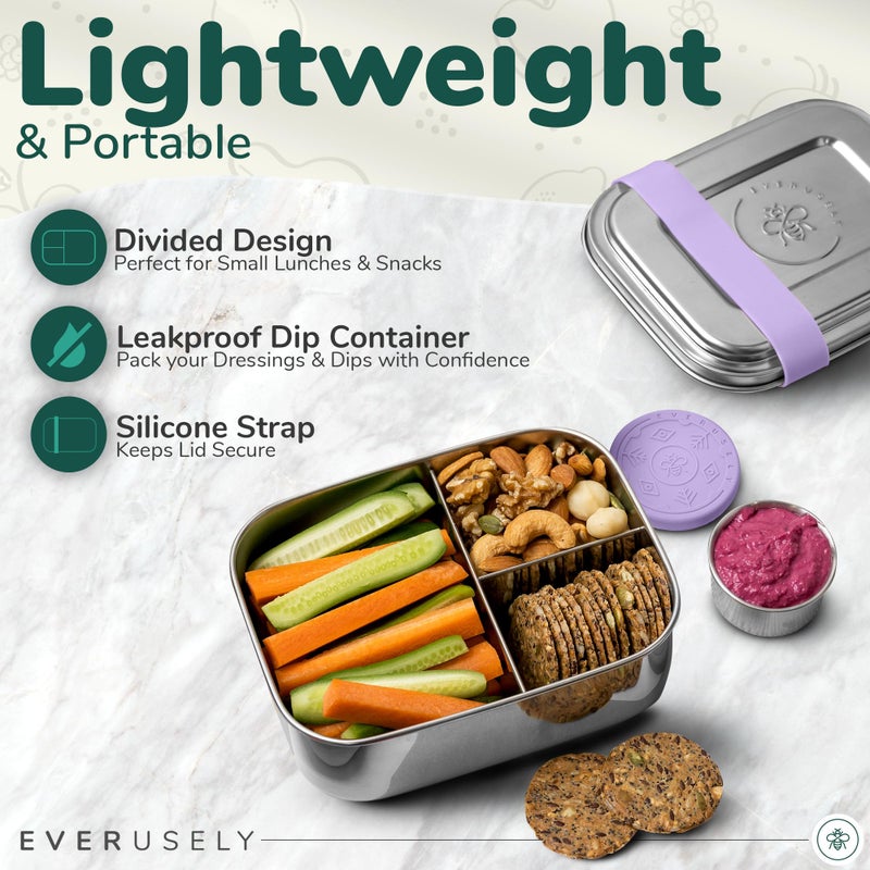Everusely - صندوق بينتو للأطفال - لافندر 6.5 × 4.7 / 27 أونصة - صندوق غداء من الفولاذ المقاوم للصدأ مع حاوية بهارات مانعة للتسرب - صندوق وجبات خفيفة مكون من 3 أقسام لوجبات المكتب المدرسية - آمن للاستخدام في الفريزر وغسالة الأطباق - Image 4