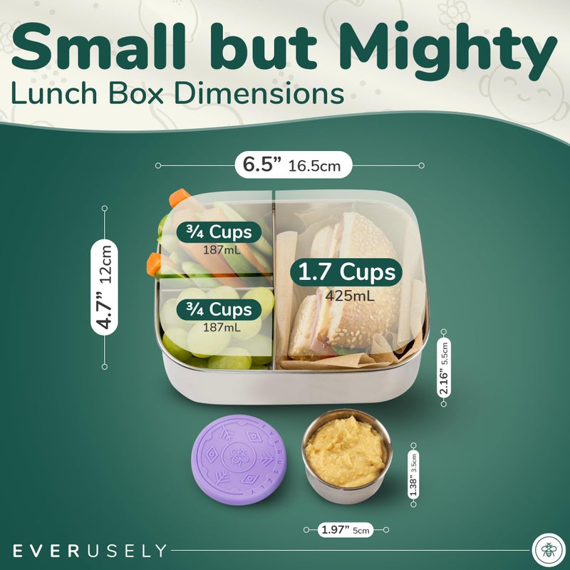 Everusely - صندوق بينتو للأطفال - لافندر 6.5 × 4.7 / 27 أونصة - صندوق غداء من الفولاذ المقاوم للصدأ مع حاوية بهارات مانعة للتسرب - صندوق وجبات خفيفة مكون من 3 أقسام لوجبات المكتب المدرسية - آمن للاستخدام في الفريزر وغسالة الأطباق - Image 2