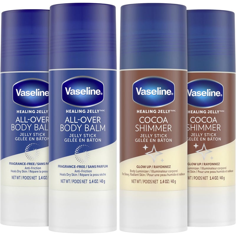 Vaseline Lotion Bundle, Cocoa Shimmer Jelly Stick Highlighter & Luminizer + All Over Body Balm Stick, Vaseline Cocoa Butter, Body Balm Skin Care Set, Petroleum Jelly for Dry Skin (4 Piece Set) - Image 1