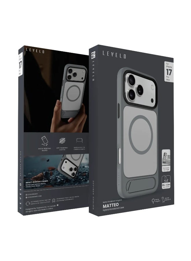 ليفيلو جراب ماتيو لهاتف iPhone 17 Pro Max مع قاعدة تثبيت سفلية / مغناطيس قوي / طلاء مضاد لبصمات الأصابع / حواف مرتفعة للكاميرا والشاشة / مصد مقاوم للصدمات - رمادي سحابي - Image 3