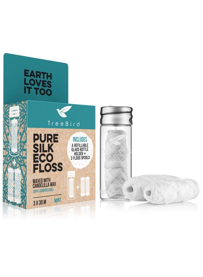 TreeBird Biodegradable Dental Floss by | Refillable & Reusable Zero Waste Glass Dispenser | 3x33yd Waxed Natural Cruelty Free Peace Silk Spools | 100% Compostable | Eco Friendly Plastic Free Oral Care - Image 1