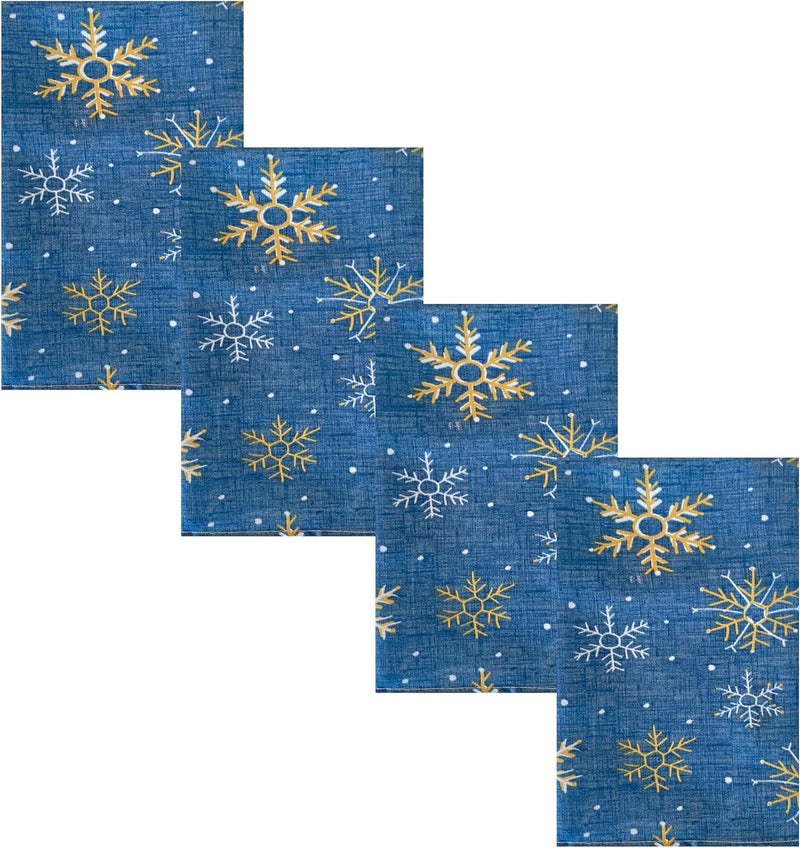 Lintex Blue Farmhouse Snowflake Fabric Christmas Napkin  Blue Gold and White Country Rustic Holiday Napkins Set of 4 Napkins - Image 1