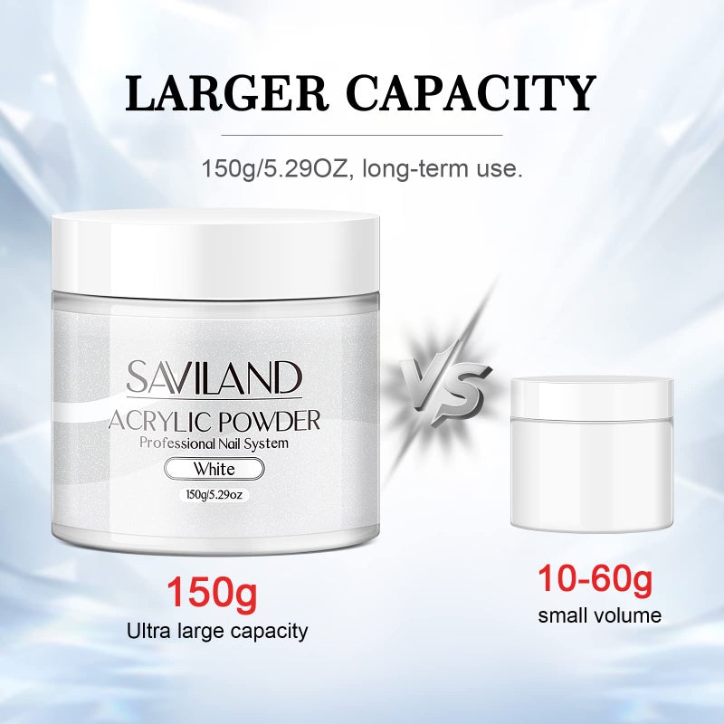 Saviland White Acrylic Nail Powder 5.29OZ/150g Acrylic Powder Large Capacity Professional Nail Art 3D Flowers Carving Nail Extension French Manicure DIY at Home No Nail Lamp Needed - Image 3