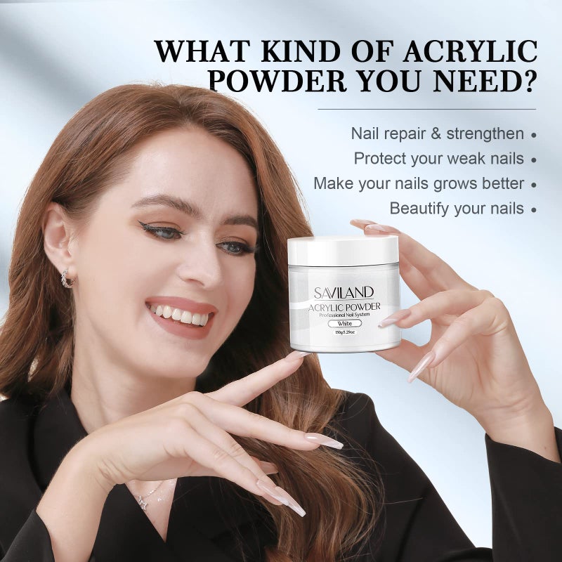 Saviland White Acrylic Nail Powder 5.29OZ/150g Acrylic Powder Large Capacity Professional Nail Art 3D Flowers Carving Nail Extension French Manicure DIY at Home No Nail Lamp Needed - Image 2