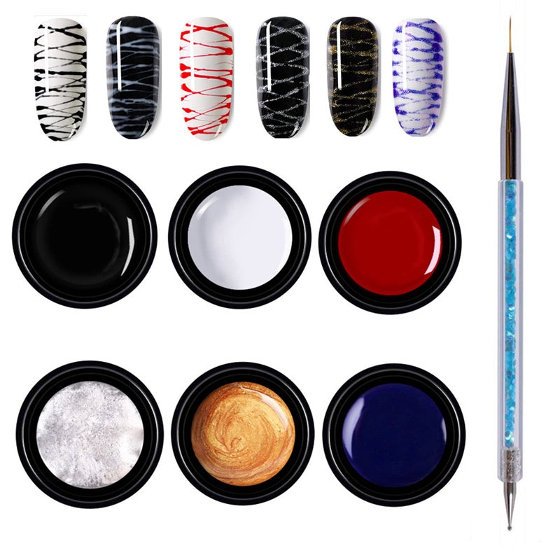 LiBiuty 6 Colors Spider Gel Drawing Gel Nail Polish Set Nail Art Wire Drawing Gel for Line with Double Ended Nail Dotting Brush Pen White Black Red Gold Silver Blue