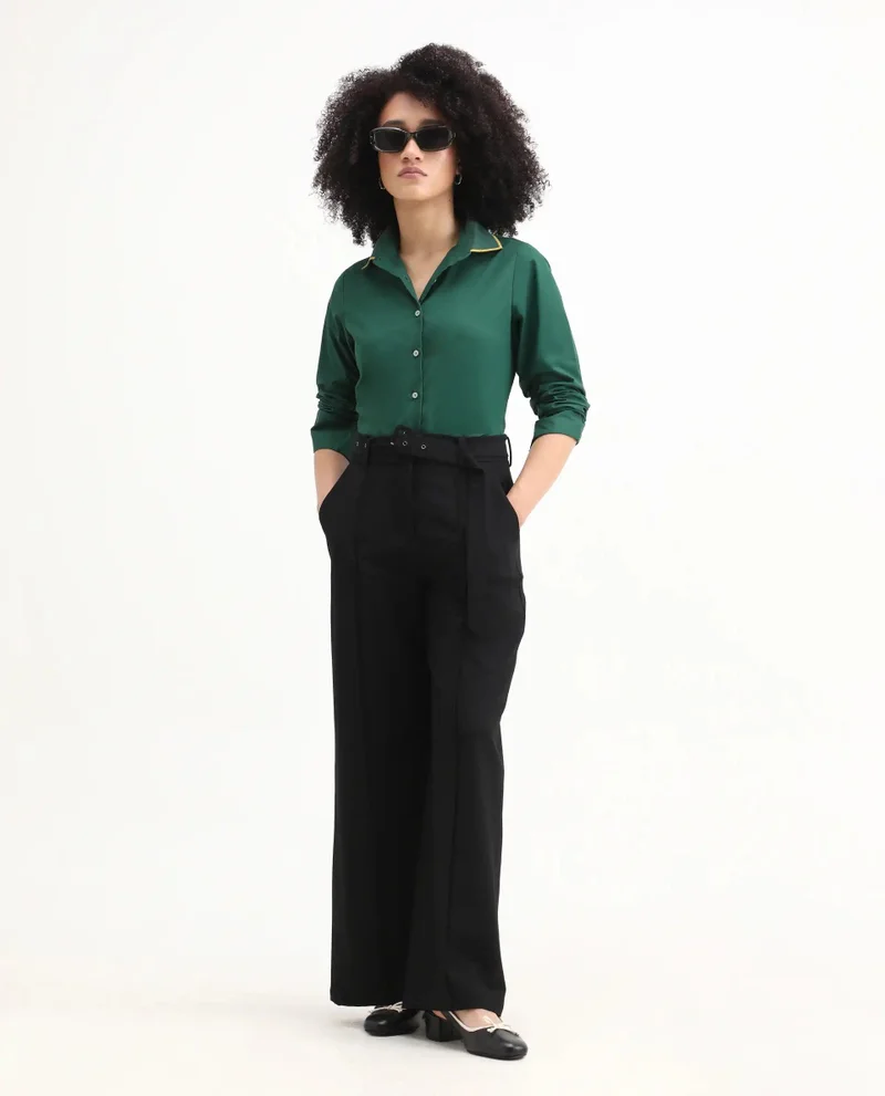 Rareism Women's Ribbed Collar Plain Top