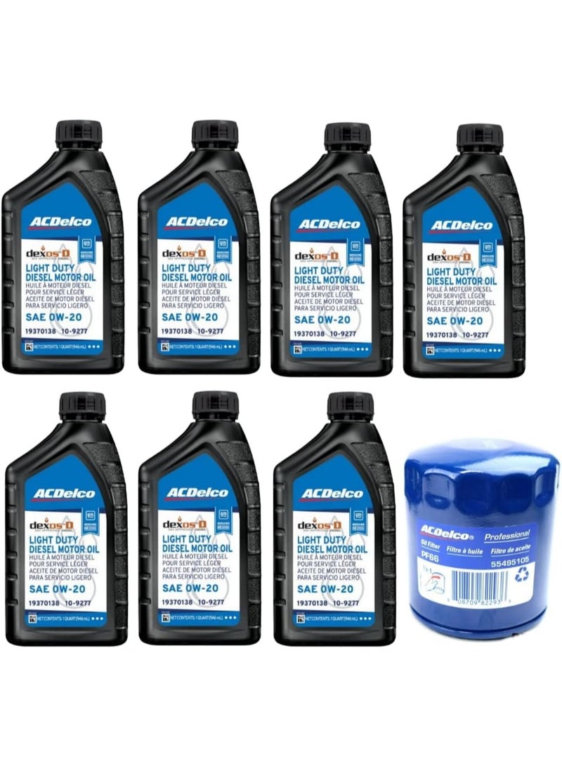 طقم تغيير الزيت ACDelco DexosD (زيت محرك ديزل للاستخدام الخفيف 0W-20، رقم القطعة 19370138 أو 10-9277، وفلتر الزيت AC Delco PF66، رقم القطعة 55495105 أو 19391402) - (راجع الوصف لمعرفة المركبات المتوافقة)