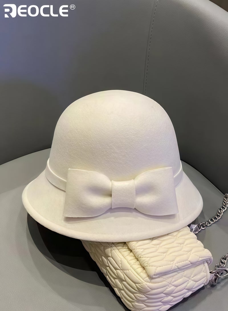 ريوكل قبعة فدورا من الصوف للنساء بتصميم عريض مستوحى من الطراز القديم وقصة بأسلوب الصياد، قبعة شتوية أنيقة تتميز بالدفء المقاوم للرياح لأزياء الخريف - Image 5