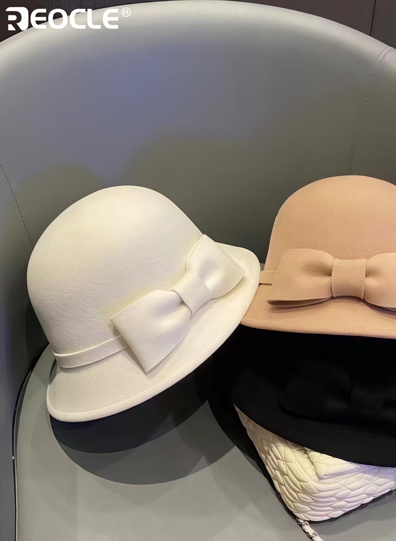 ريوكل قبعة فدورا من الصوف للنساء بتصميم عريض مستوحى من الطراز القديم وقصة بأسلوب الصياد، قبعة شتوية أنيقة تتميز بالدفء المقاوم للرياح لأزياء الخريف - Image 4