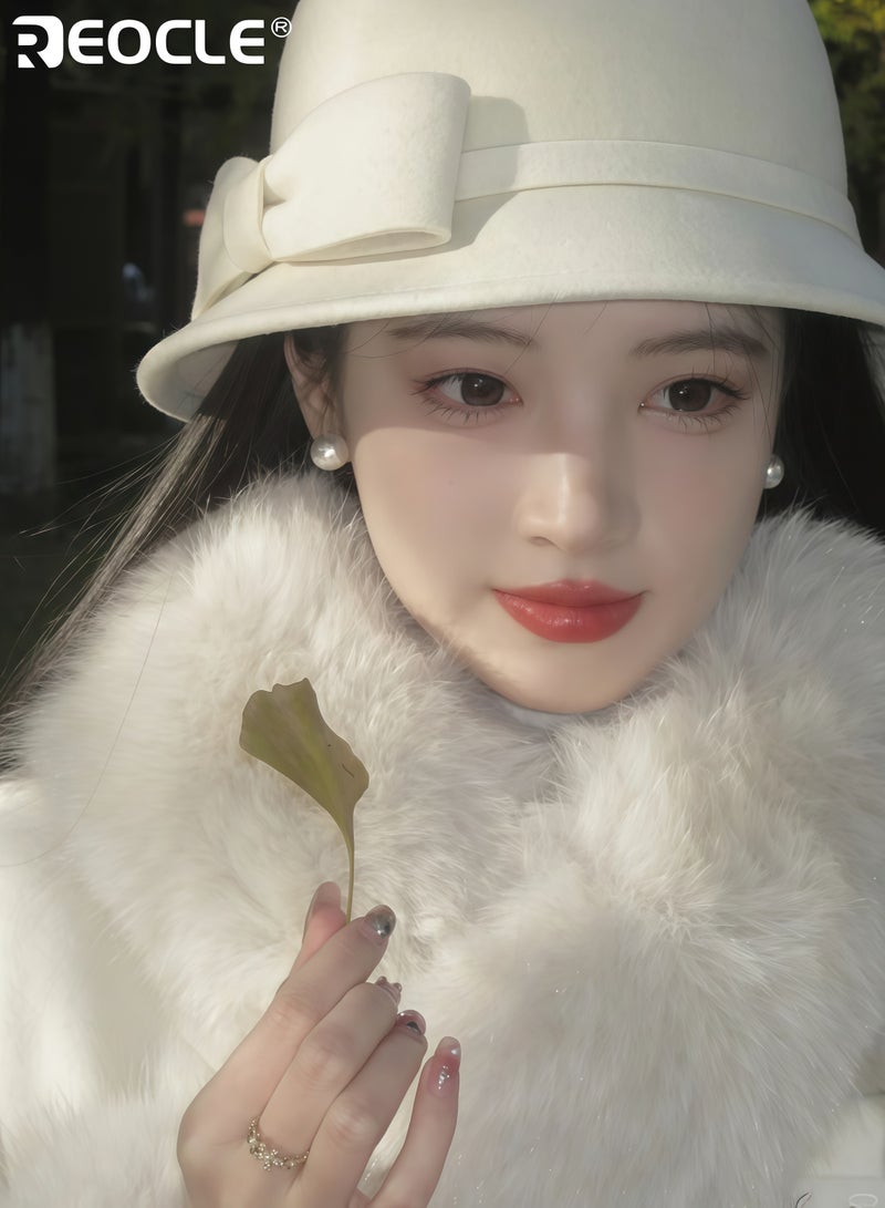 ريوكل قبعة فدورا من الصوف للنساء بتصميم عريض مستوحى من الطراز القديم وقصة بأسلوب الصياد، قبعة شتوية أنيقة تتميز بالدفء المقاوم للرياح لأزياء الخريف - Image 2