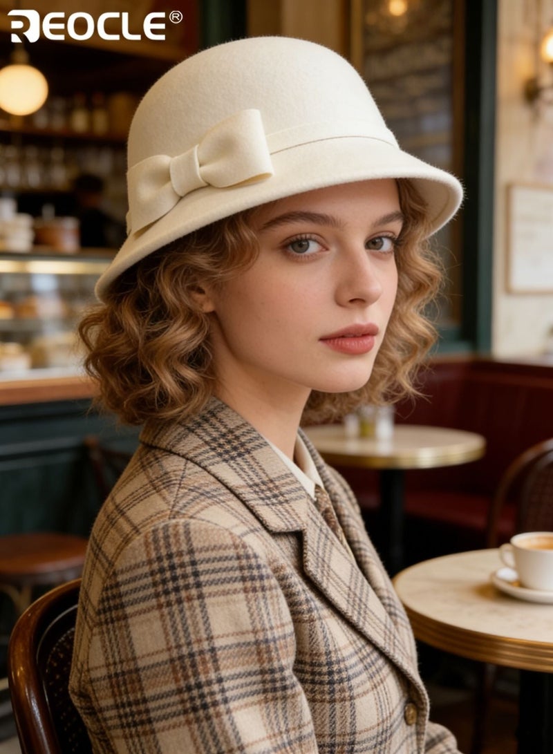 REOCLE Women's Wool Fedora Hat with Retro Wide Brim Design and Fisherman Style Silhouette Elegant Winter Cap with Windproof Warmth for Autumn Fashion - Image 2