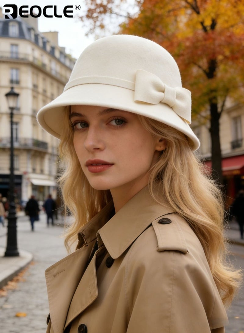 REOCLE Women's Wool Fedora Hat with Retro Wide Brim Design and Fisherman Style Silhouette Elegant Winter Cap with Windproof Warmth for Autumn Fashion - Image 3
