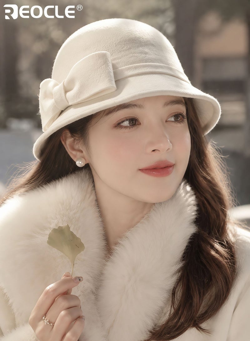 REOCLE Women's Wool Fedora Hat with Retro Wide Brim Design and Fisherman Style Silhouette Elegant Winter Cap with Windproof Warmth for Autumn Fashion - Image 1