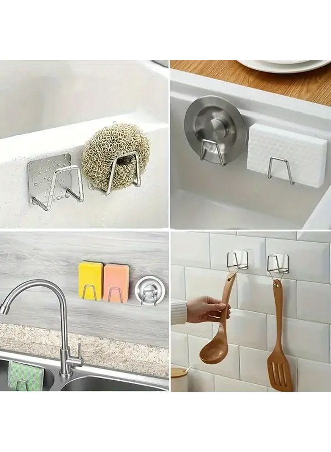 7 Pcs Stainless Steel Multi Functional Bracket Set Sponge Washbasin Holder Rustproof Waterproof Self Adhesive Hook Easy Install Kitchen Bathroom Organization - Image 3