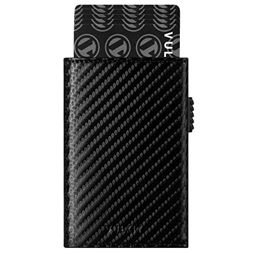 VULKIT Mens Card Holder Wallet Pop Up Wallet Magnetic Closure RFID Blocking Trifold Leather Wallet Carbon Fiber Black - Image 1