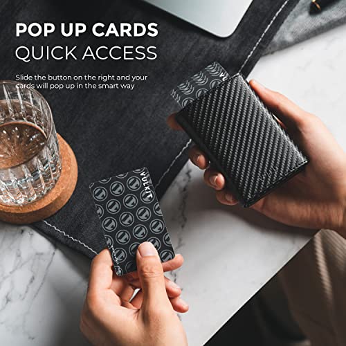 VULKIT Mens Card Holder Wallet Pop Up Wallet Magnetic Closure RFID Blocking Trifold Leather Wallet Carbon Fiber Black - Image 3