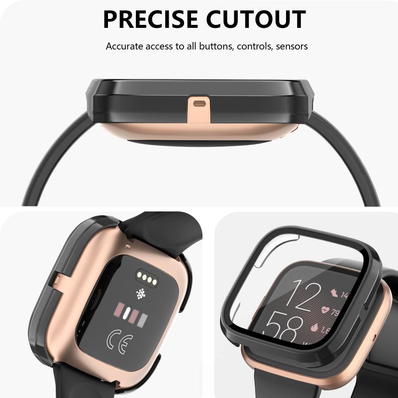 Tobfit [3 Pack] Tobfit for Fitbit Versa 2 Screen Protector with HD Tempered Glass Protective Case, Hard PC Case Bumper Cover Full Coverage for Fitbit Versa 2 Smartwatch, Black/Black/Black - Image 3