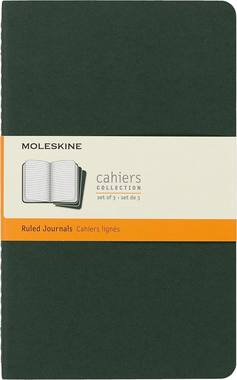 - Cahier Journal - Set 3 Notebooks with Ruled Pages - Cardboard Cover with Visible Cotton Stiching - Color Myrtle Green - Large 13 x 21 cm - 80 Pages - Image 1