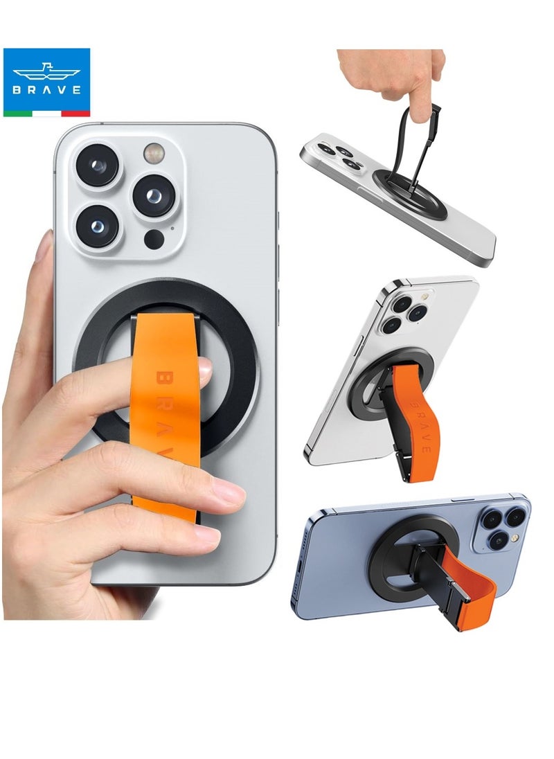 Brave MagSafe Magnetic Holder and Grip for iPhone and Samsung, Removable Magnetic Stand, Desk Mount, Compatible with iPhone 16/15/14/13/12 Series and All iOS and Android Devices, Strong Magnetic Grip, Portable Phone and Tablet Holder, Universal Magnetic Phone Mount and Holder (Orange/Black)  - Image 1