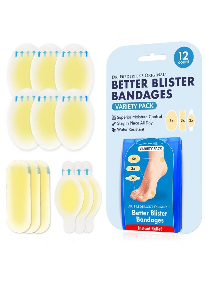 Dr. Frederick's Original Better Blister Bandages - 12ct - Water Resistant - 40% More Cushioning - Hydrocolloid Bandages for Foot, Toe, & Heel - Blister Pads for Prevention & Recovery - Variety Pack - Image 1