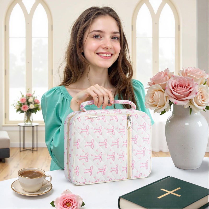 WOBAGMEN Bible Cover Case for Women,Large Bible Tote Bags Organizer Quilted Carrying Case for Girls,Bible Study Supplies Accessories Christian Gifts for Women (Pink Bow Heart, M) - Image 5