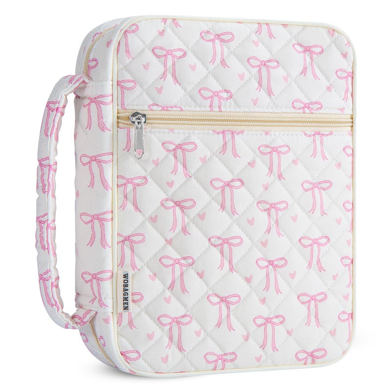 WOBAGMEN Bible Cover Case for Women,Large Bible Tote Bags Organizer Quilted Carrying Case for Girls,Bible Study Supplies Accessories Christian Gifts for Women (Pink Bow Heart, M) - Image 1