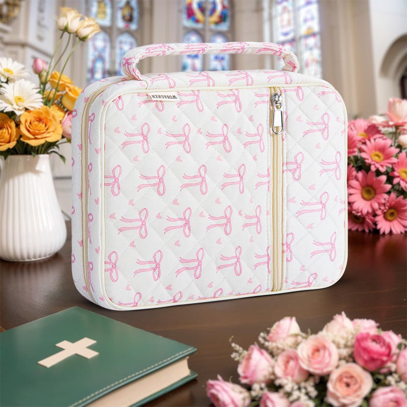 WOBAGMEN Bible Cover Case for Women,Large Bible Tote Bags Organizer Quilted Carrying Case for Girls,Bible Study Supplies Accessories Christian Gifts for Women (Pink Bow Heart, M) - Image 4