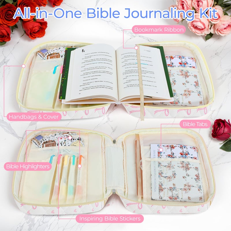 WOBAGMEN Bible Cover Case for Women,Large Bible Tote Bags Organizer Quilted Carrying Case for Girls,Bible Study Supplies Accessories Christian Gifts for Women (Pink Bow Heart, M) - Image 3