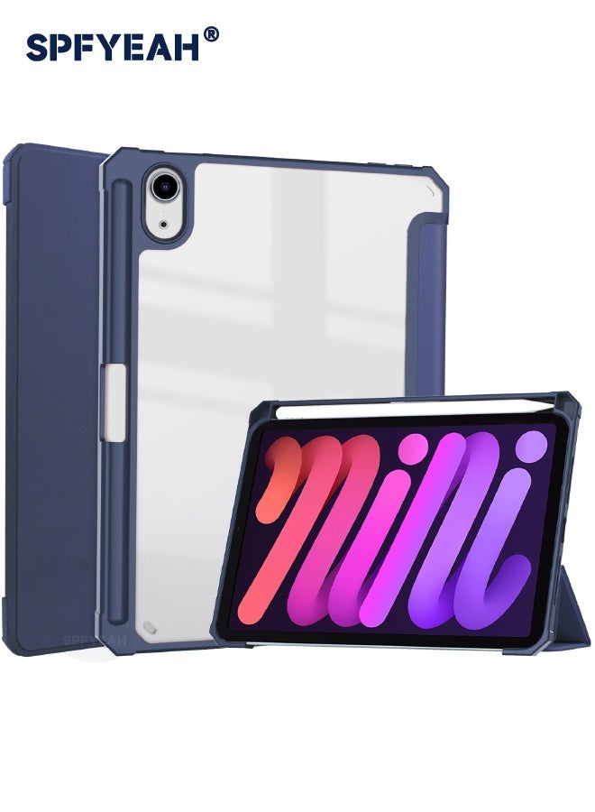 SPFYEAH iPad Mini 7 (7th Gen, 2024) / iPad Mini 6 (6th Gen, 2021) Case, Flip Hybrid Slim Case with Trifold Stand Pencil Holder, Auto Wake Sleep, Smart Magnetic Cover Clear Acrylic Back Shockproof Case for iPad Mini 7/6 8.3inch, Blue - Image 1