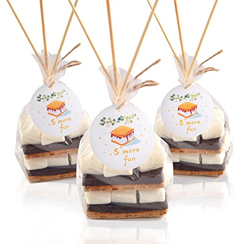 WANGDEFA 100 pcs S'more Fun Bag set Clear Gusseted Poly Bags with S'mores Fun Tag and Bamboo Stick for Smores - Image 1