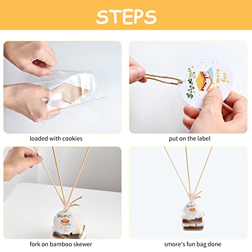 WANGDEFA 100 pcs S'more Fun Bag set Clear Gusseted Poly Bags with S'mores Fun Tag and Bamboo Stick for Smores - Image 3